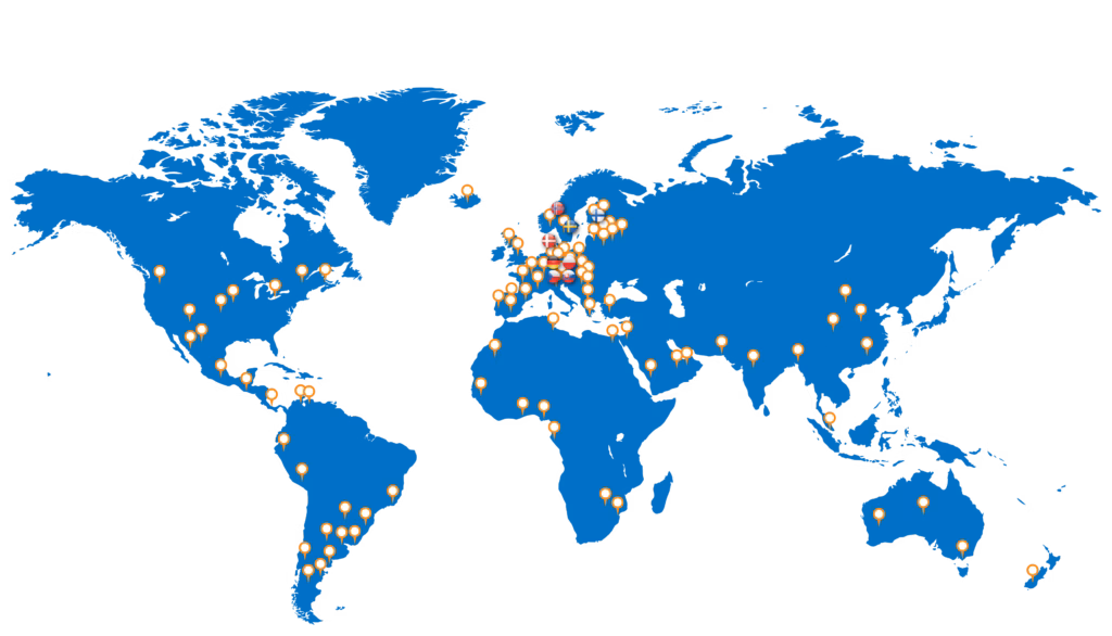 Infografik zur globalen Marktpräsenz der Tamtron Group mit eigenen Landesgesellschaften und zertifizierten Händlern weltweit.